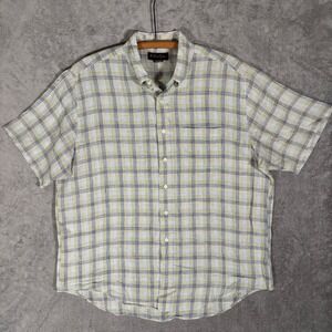Brooks Brothers Mens XL Irish Linen Short Sleeve‎ Button Down Plaid Shirt Blue